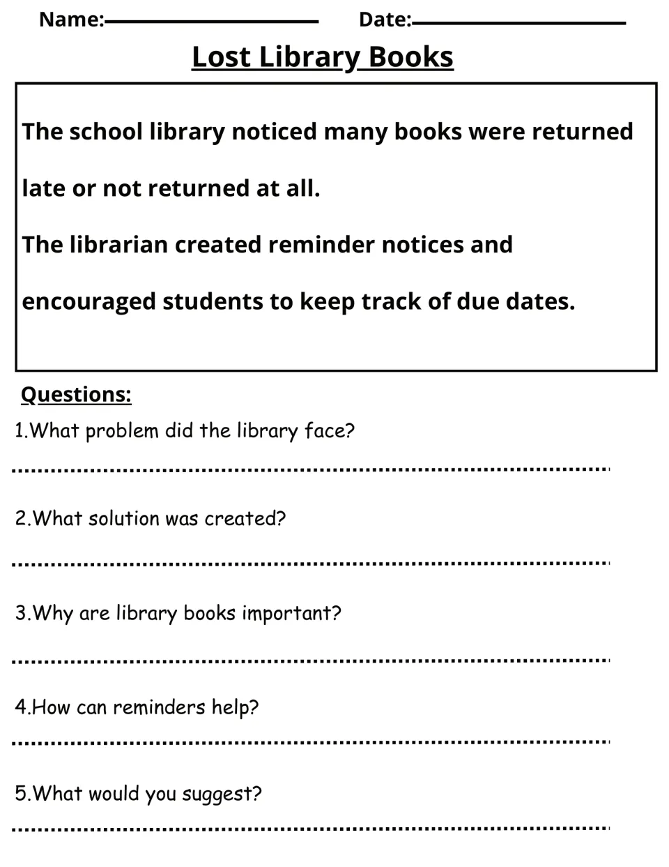 Lost Library Books: students read about late returns and reminder notices, then answer 5 questions and suggest a fix