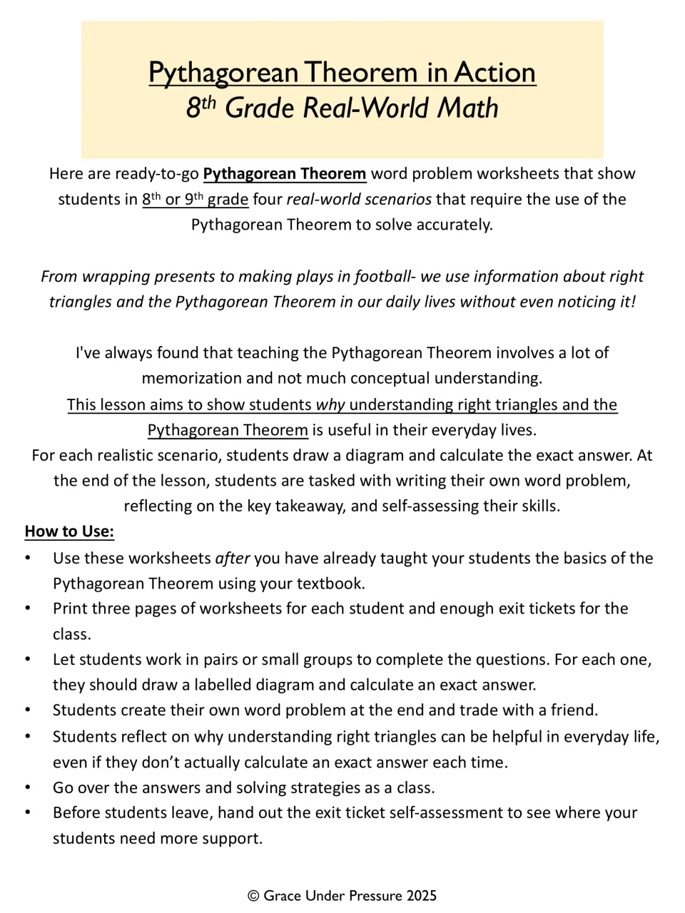 Pythagorean Theorem in Action title page: overview of four real-world word problems and How to Use steps for teachers