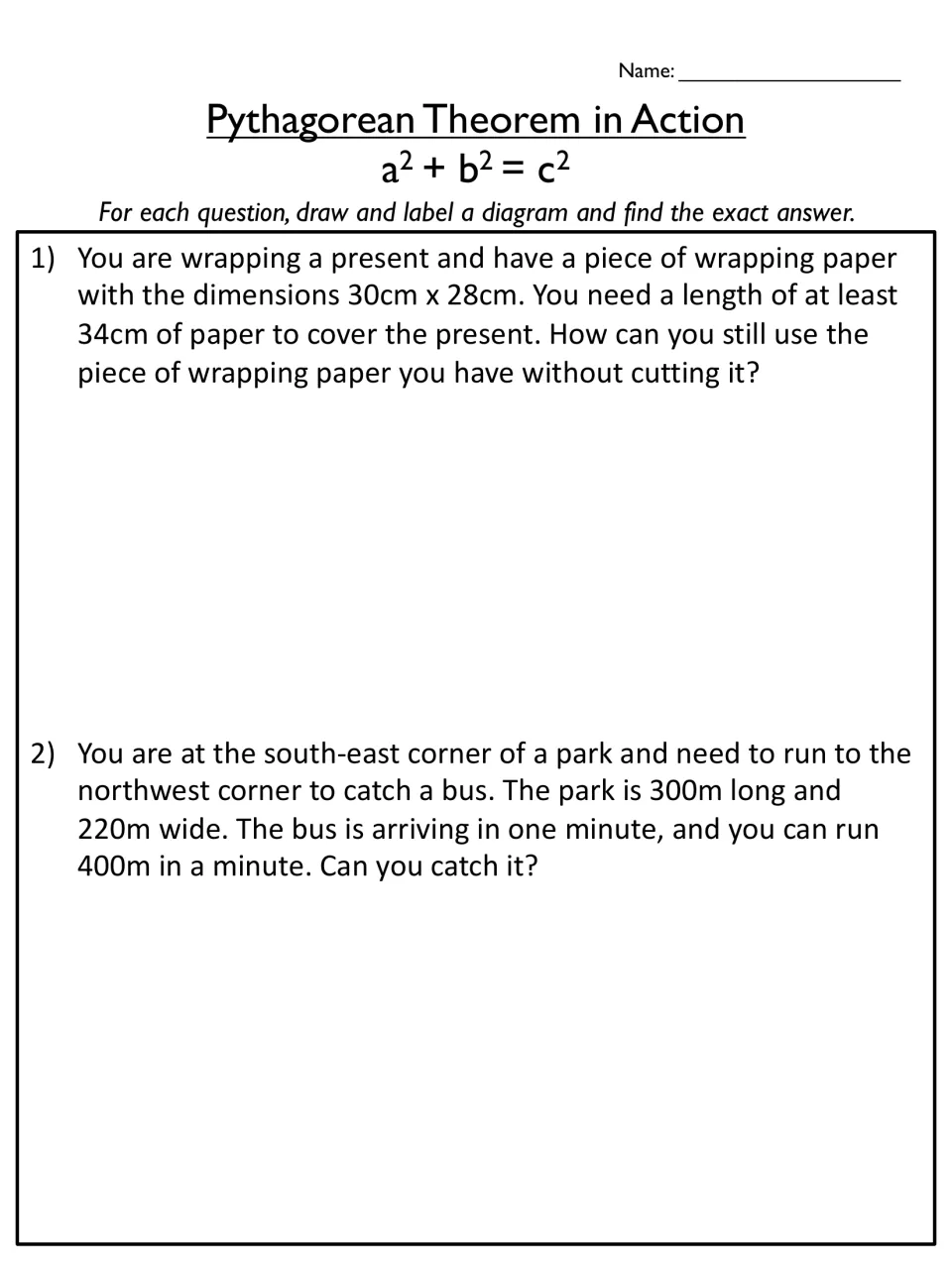 Pythagorean word problems 1-2: students diagram a 30x28cm wrapping paper puzzle and a park shortcut run to catch a bus