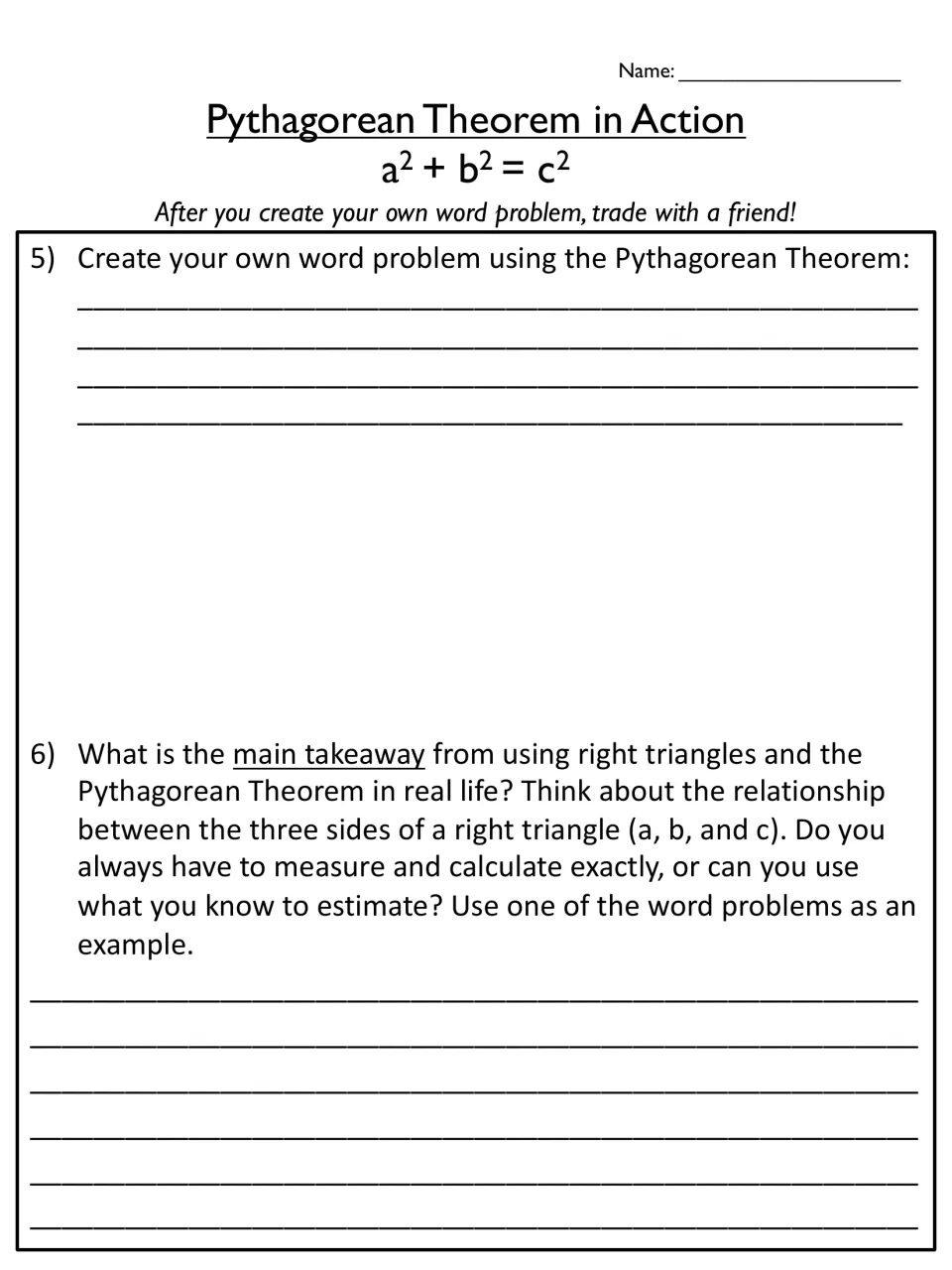 Write-your-own problem: students create a Pythagorean word problem to trade, then explain the main real-life takeaway