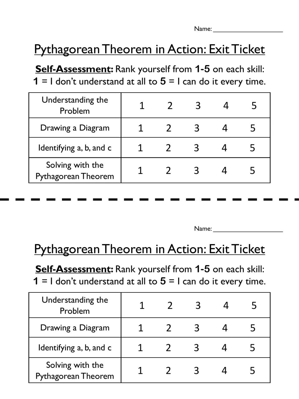 Exit ticket self-assessment, two per page: students rate 1-5 on understanding, diagrams, identifying a, b, c and solving