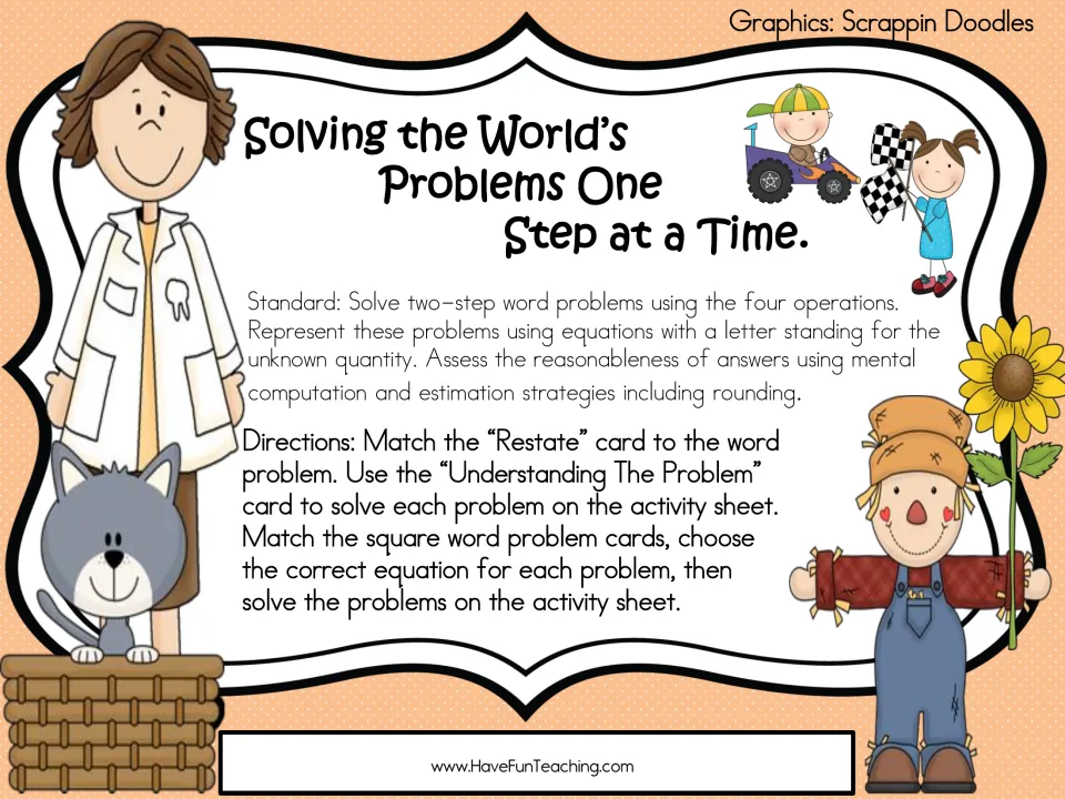 Solving the World's Problems One Step at a Time: directions to match cards, choose equations and solve two-step problems