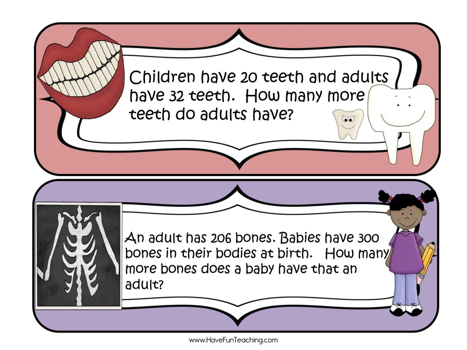 Word problem cards on finding differences: adult vs. child teeth (32 and 20) and adult vs. baby bones (206 and 300)
