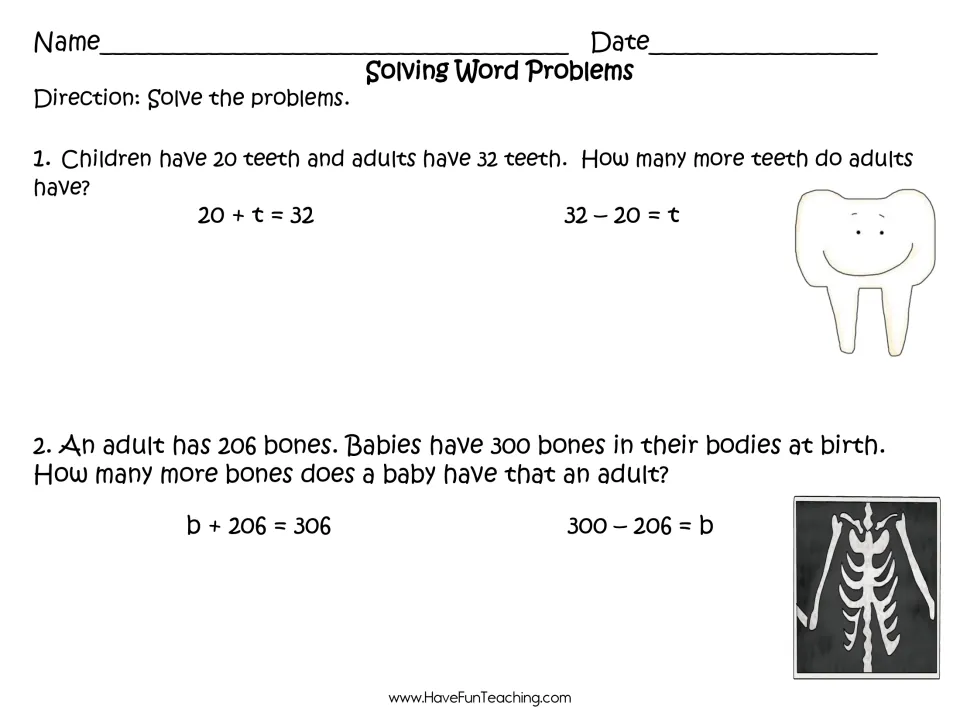 Solving Word Problems: students solve the teeth and bones comparison problems, each with two letter-for-unknown equations