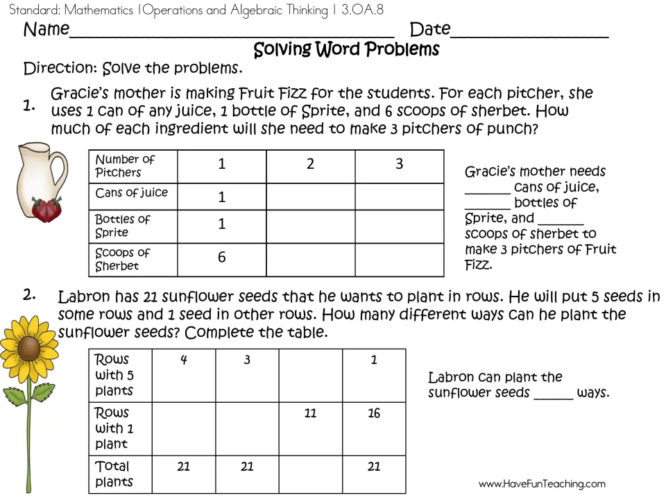 Solving Word Problems: students fill tables for Fruit Fizz ingredients in 3 pitchers and ways to plant 21 sunflower seeds