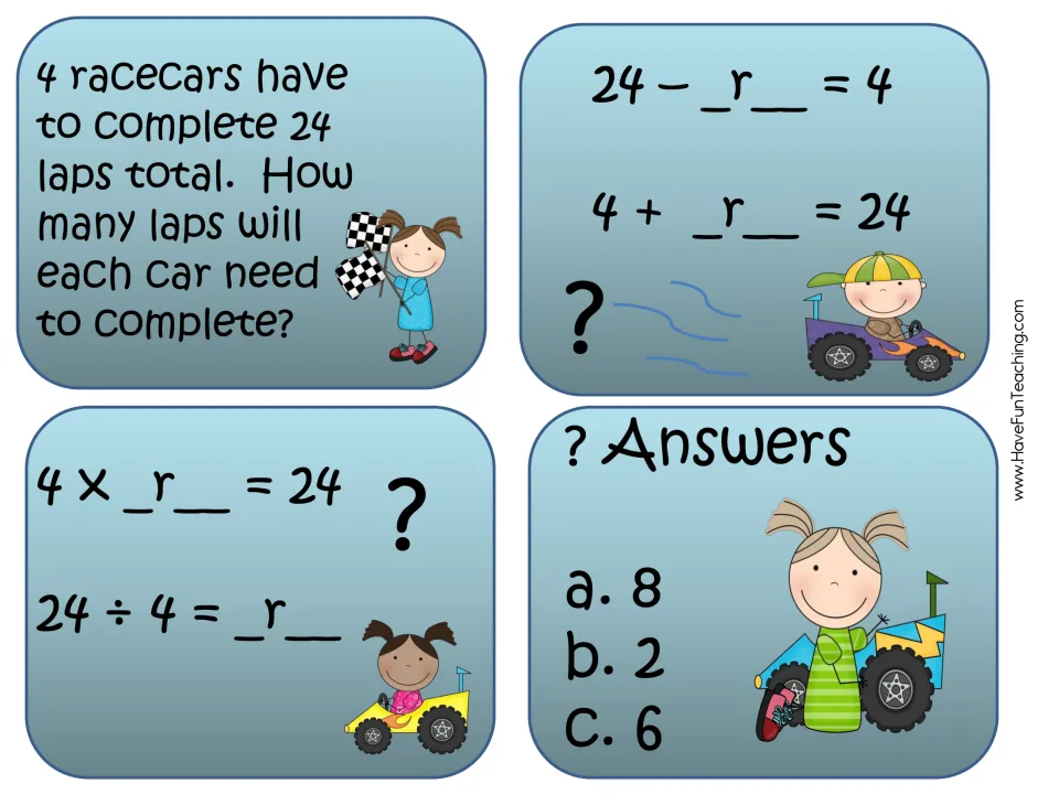 Racecar division task cards: 4 cars share 24 laps; students pick the right equation with unknown r and choose 8, 2 or 6