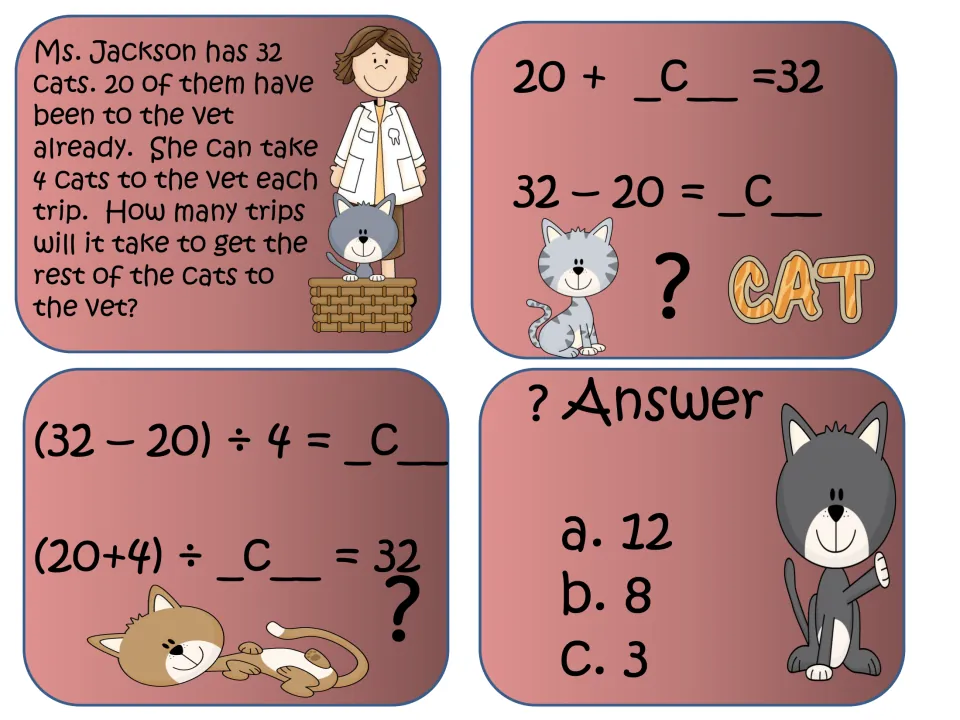 Two-step vet trip task cards: 32 cats, 20 seen, 4 per trip; students pick an equation with c and choose 12, 8 or 3
