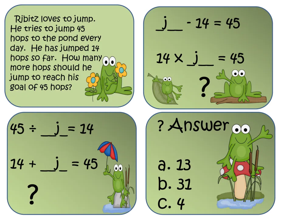 Frog hops task cards: Ribitz has 14 of 45 hops done; students pick an equation with unknown j and choose 13, 31 or 4