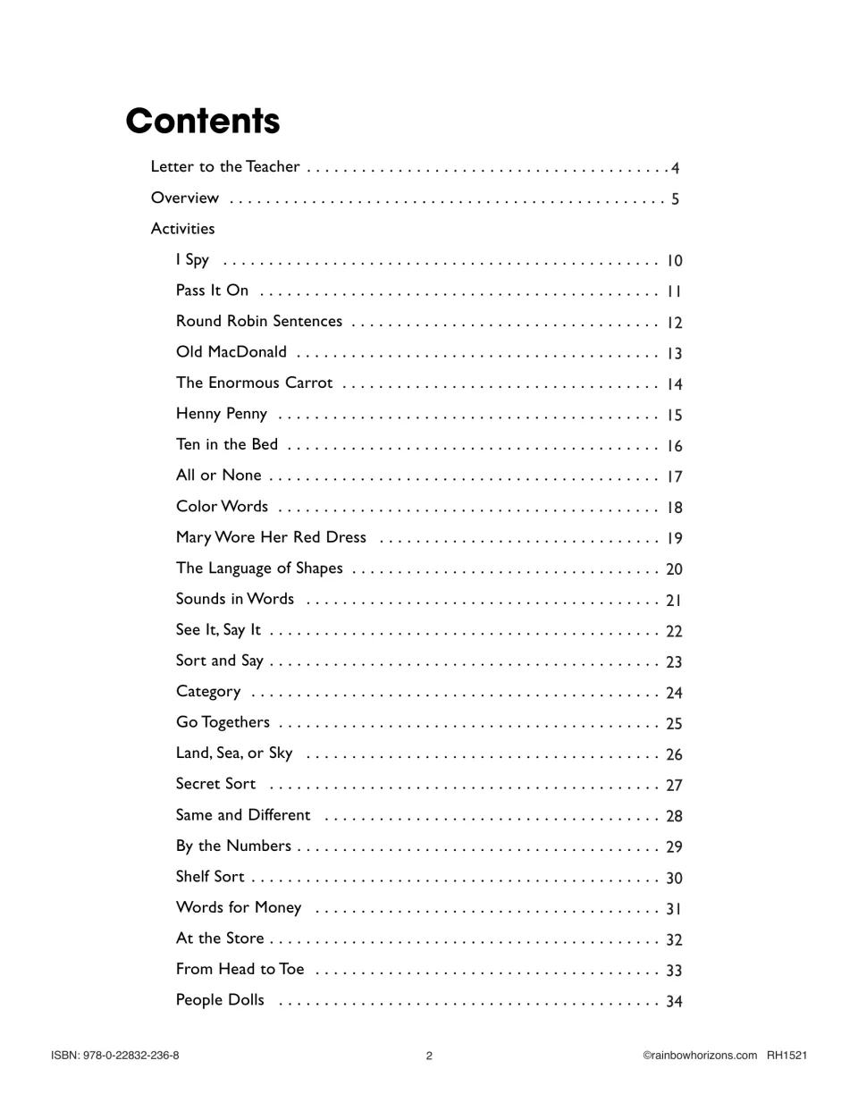 First contents page lists teacher guidance and vocabulary activities from I Spy through People Dolls