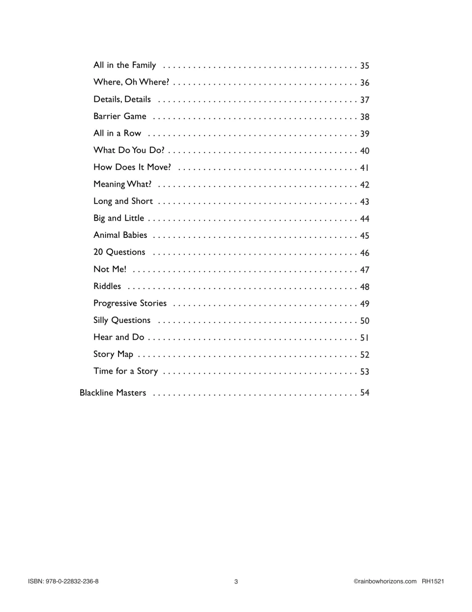 Second contents page lists vocabulary activities from All in the Family to Time for a Story and masters