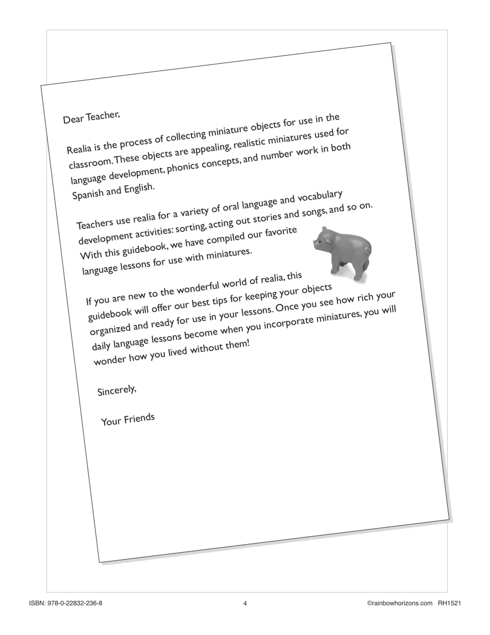 Teacher letter introduces miniature objects for language development, phonics, number work, and stories