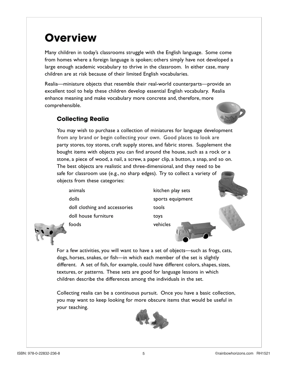 Overview explains miniature objects for vocabulary and suggests collecting animals, foods, toys, and tools