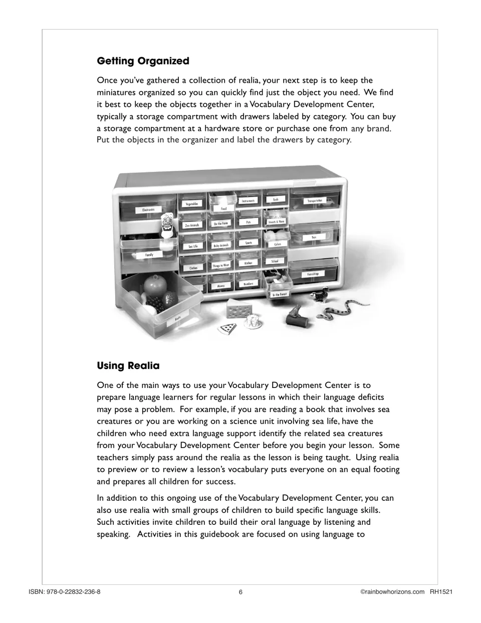 Teacher guidance explains organizing miniatures by category and using them to preview or review vocabulary