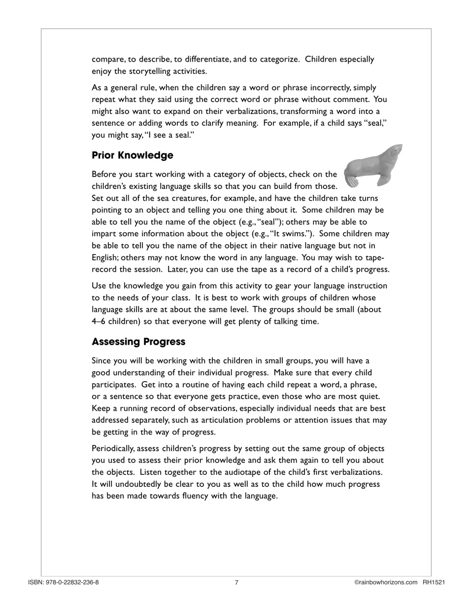 Teacher guidance covers modeling language, checking prior knowledge, and assessing progress with objects