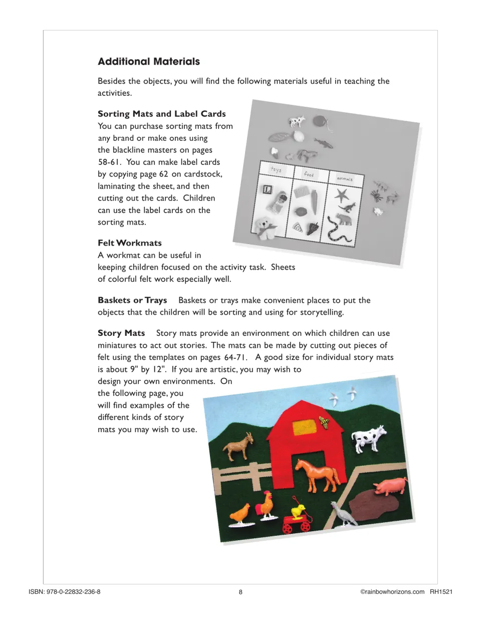 Additional materials guidance covers sorting mats, label cards, felt workmats, baskets, trays, and story mats