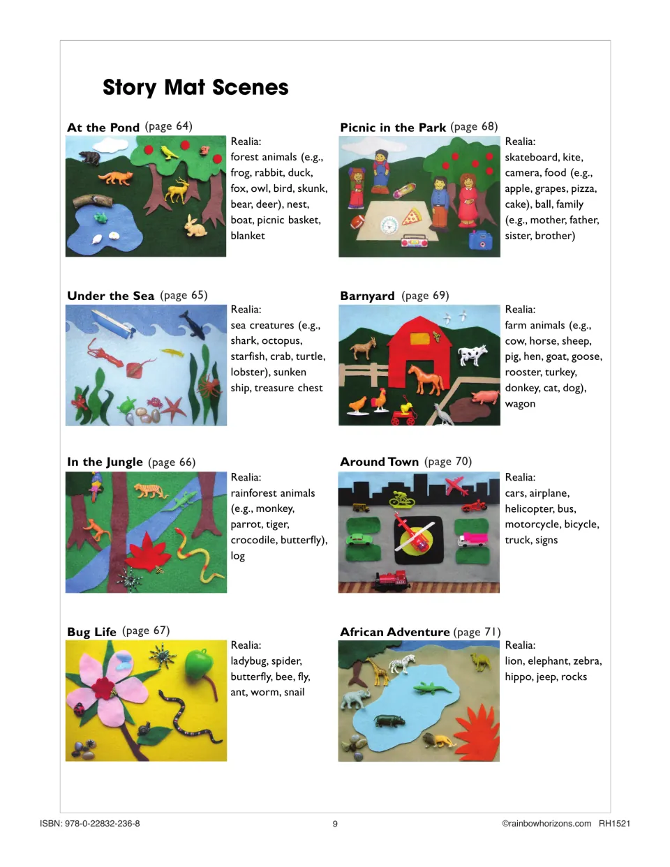 Story mat examples show eight settings, including pond, sea, jungle, and barnyard, with suggested miniatures
