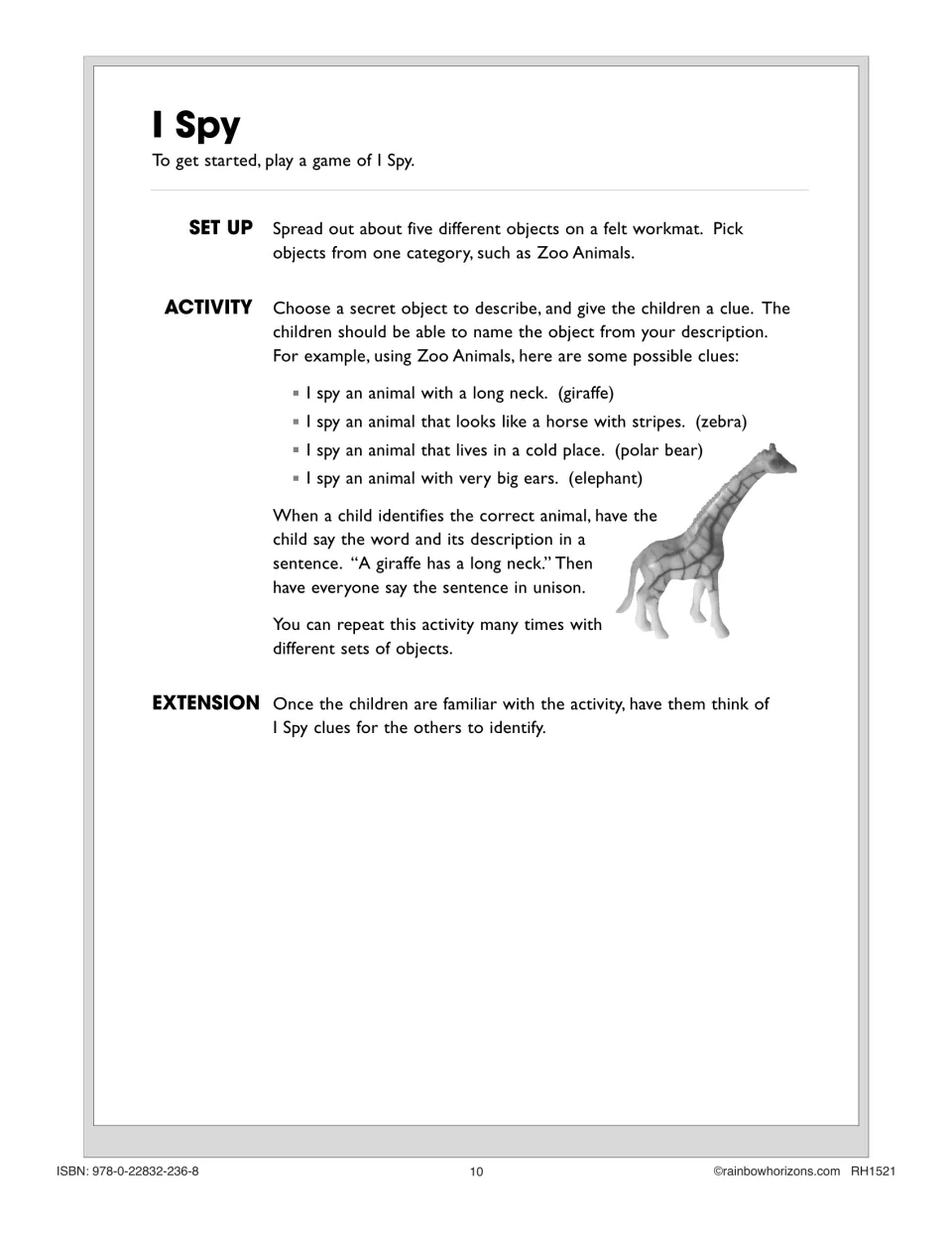 I Spy lesson uses five miniature objects for clue-based naming, spoken sentences, and child-created clues