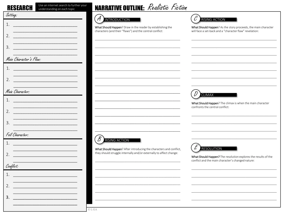 Grayscale outline: research notes on setting and characters, plus a plan for each story arc stage, intro to resolution