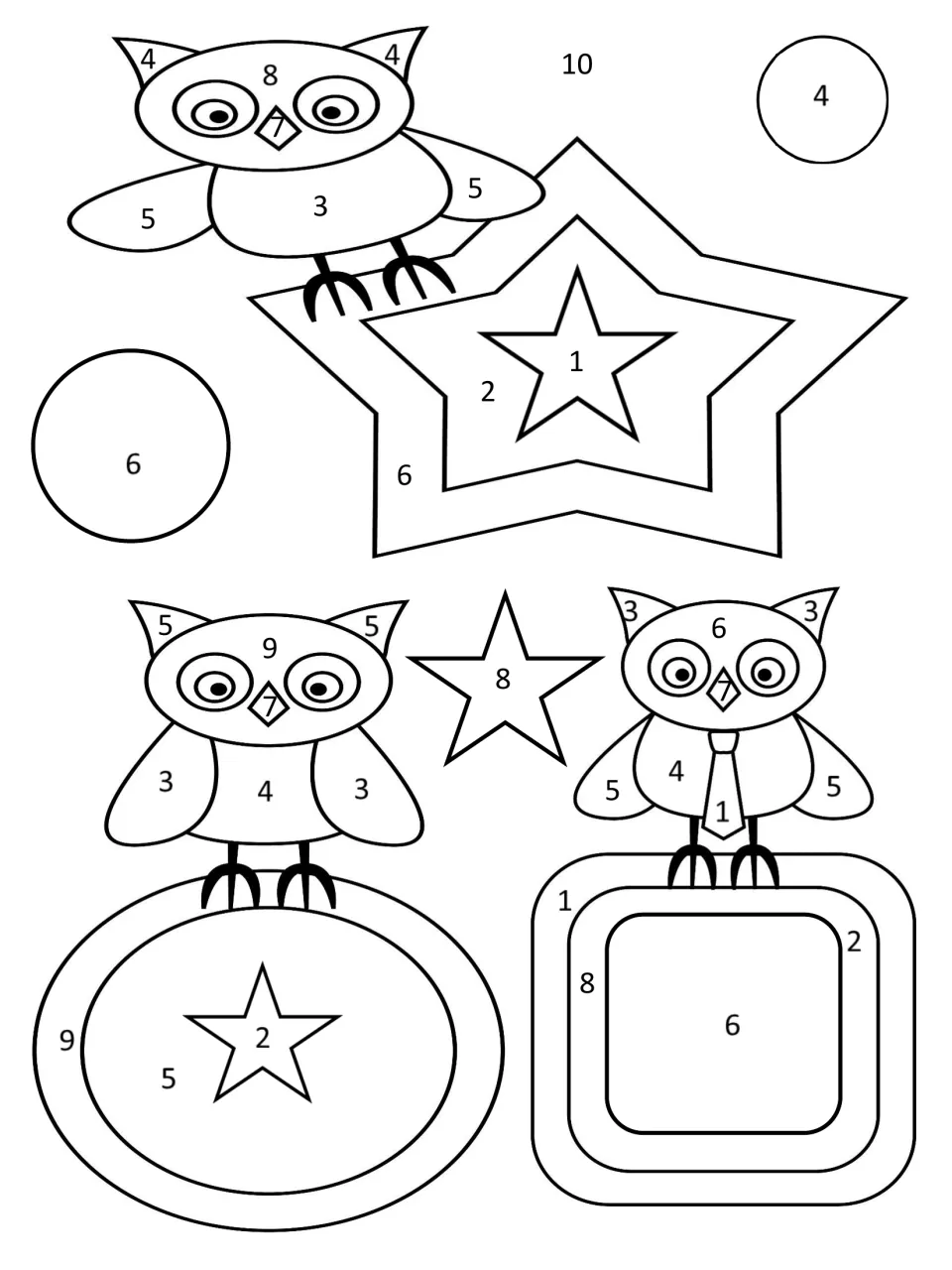 Seasons coloring page: students color three owls, stars and circles by numbers 1-10 with the colors of their answers