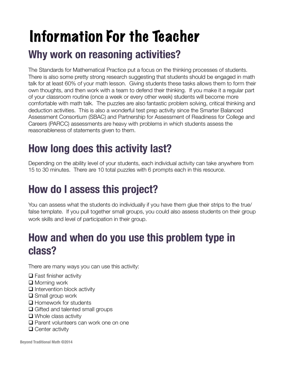 Teacher notes on why to use reasoning activities, 15 to 30 minute timing, 10 puzzles of 6 prompts and ways to assess