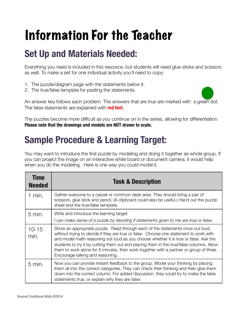 Setup notes: materials to copy, green-dot answer key format and a timed procedure with the true/false learning target