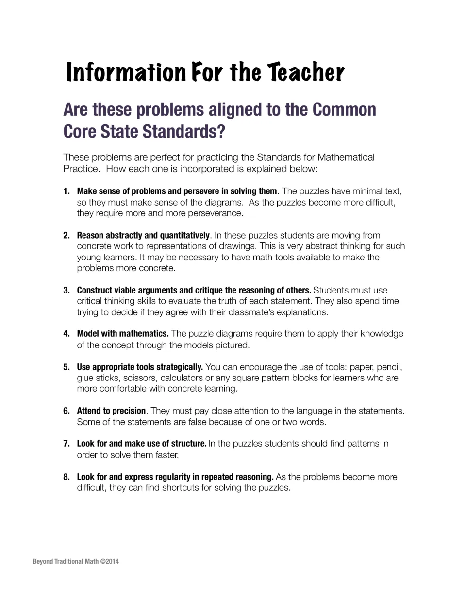 Teacher notes explaining how the puzzles connect to each of the eight Standards for Mathematical Practice, one by one