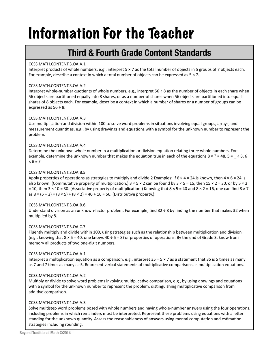 Third and fourth grade content standards list, CCSS 3.OA.A.1 through 4.OA.A.3, covering multiplication and division