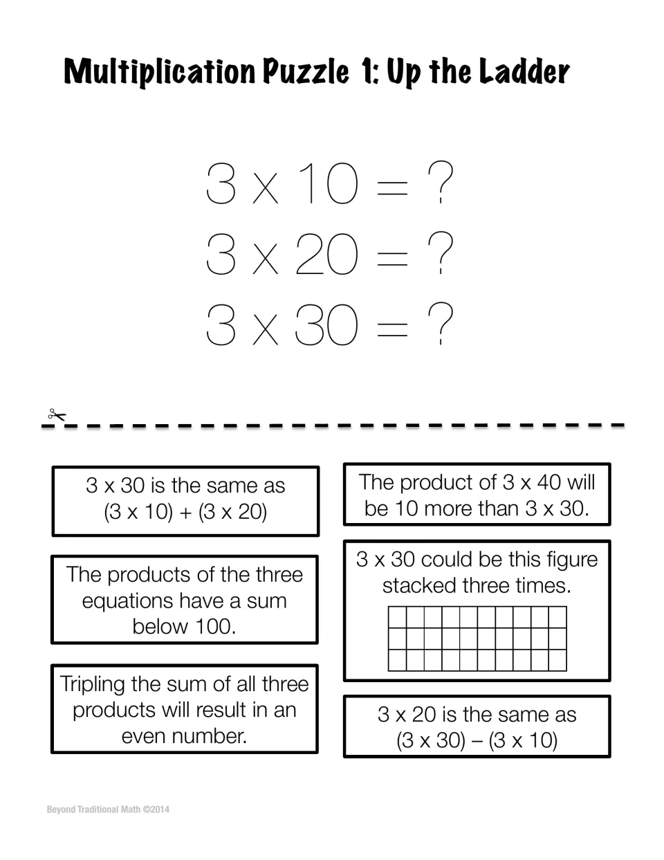Puzzle 1, Up the Ladder: students cut out six statements about 3 x 10, 3 x 20 and 3 x 30 and judge each true or false