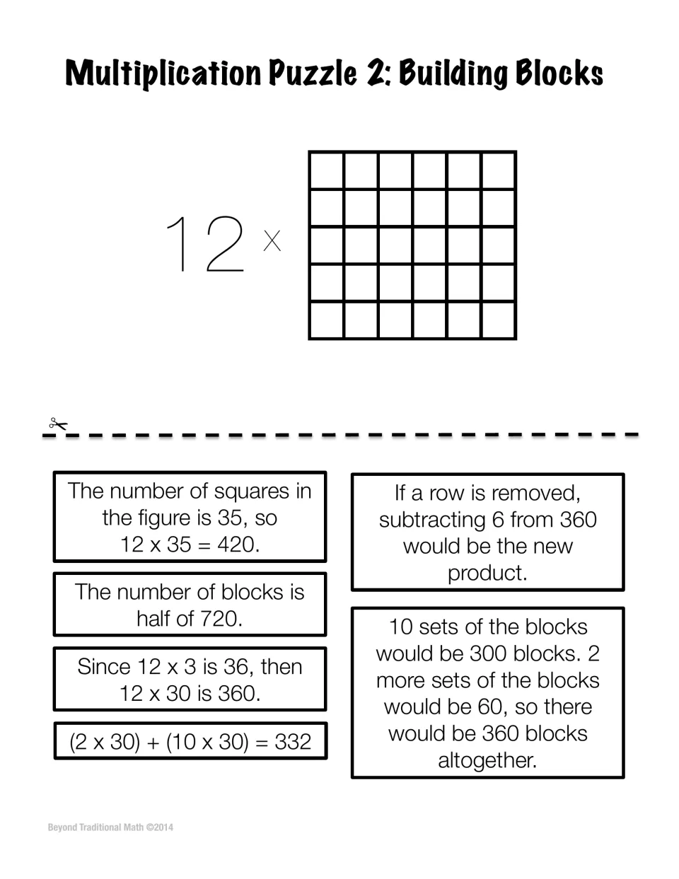 Puzzle 2, Building Blocks: students judge six statements about 12 times a 6 by 5 block array, such as 12 x 30 is 360