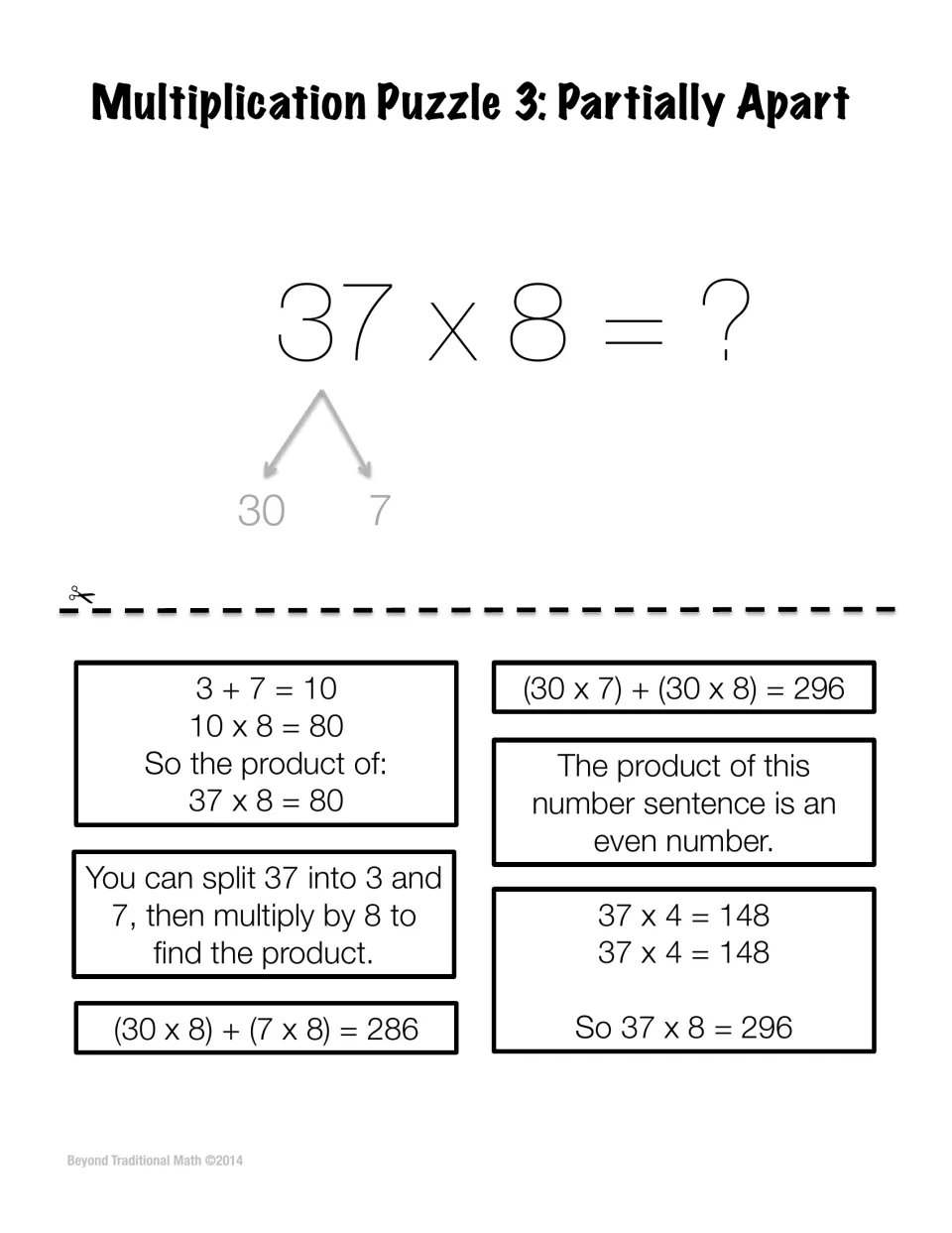 Puzzle 3, Partially Apart: students sort six statements about splitting 37 x 8 into 30 and 7 to find partial products