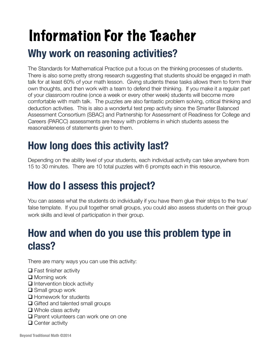 Teacher notes on why to use reasoning activities, timing of 15 to 30 minutes, assessment and a list of classroom uses