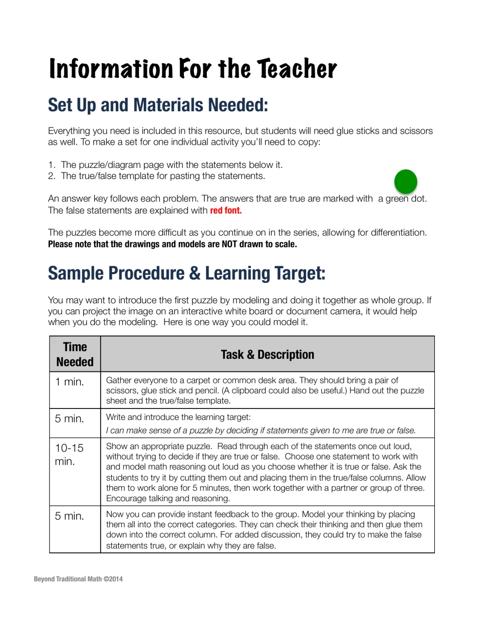 Teacher setup notes: materials to copy, how keys mark answers, and a timed sample procedure for modeling the first puzzle