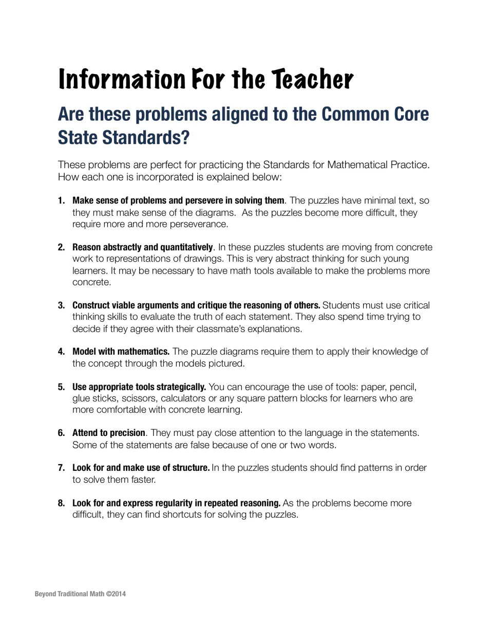 Teacher notes explaining how the puzzles connect to each of the eight Standards for Mathematical Practice