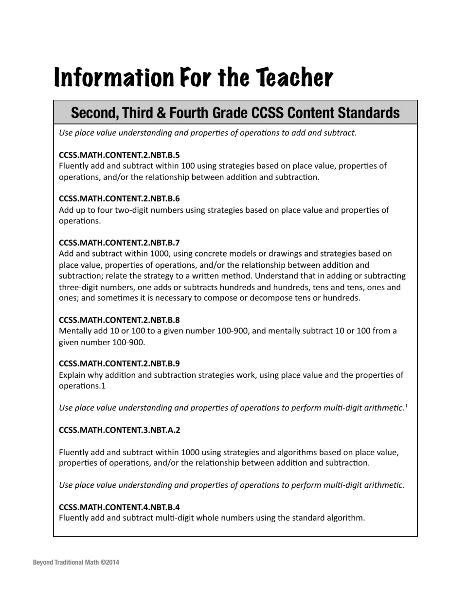 List of second, third and fourth grade CCSS content standards for adding and subtracting with place value