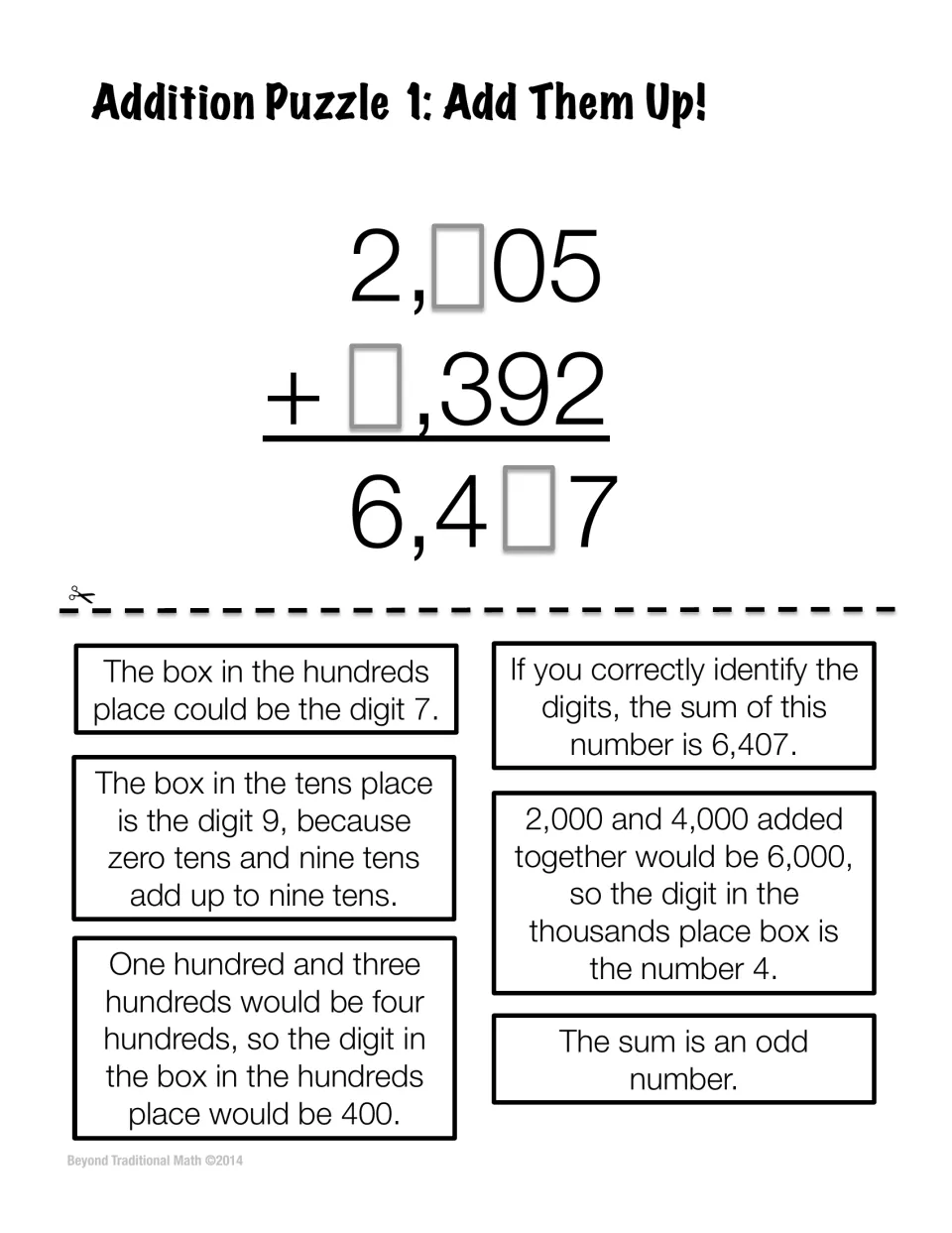 Addition Puzzle 1, Add Them Up: 2,_05 + _,392 = 6,4_7 with missing digits; students sort six place value statements