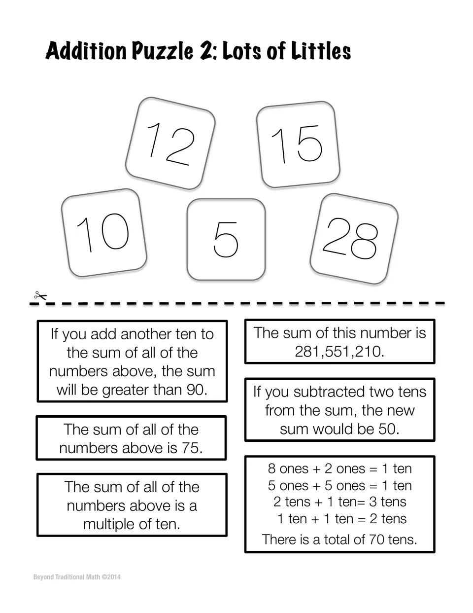 Addition Puzzle 2, Lots of Littles: students judge six statements about the sum of 12, 15, 10, 5 and 28 as true or false