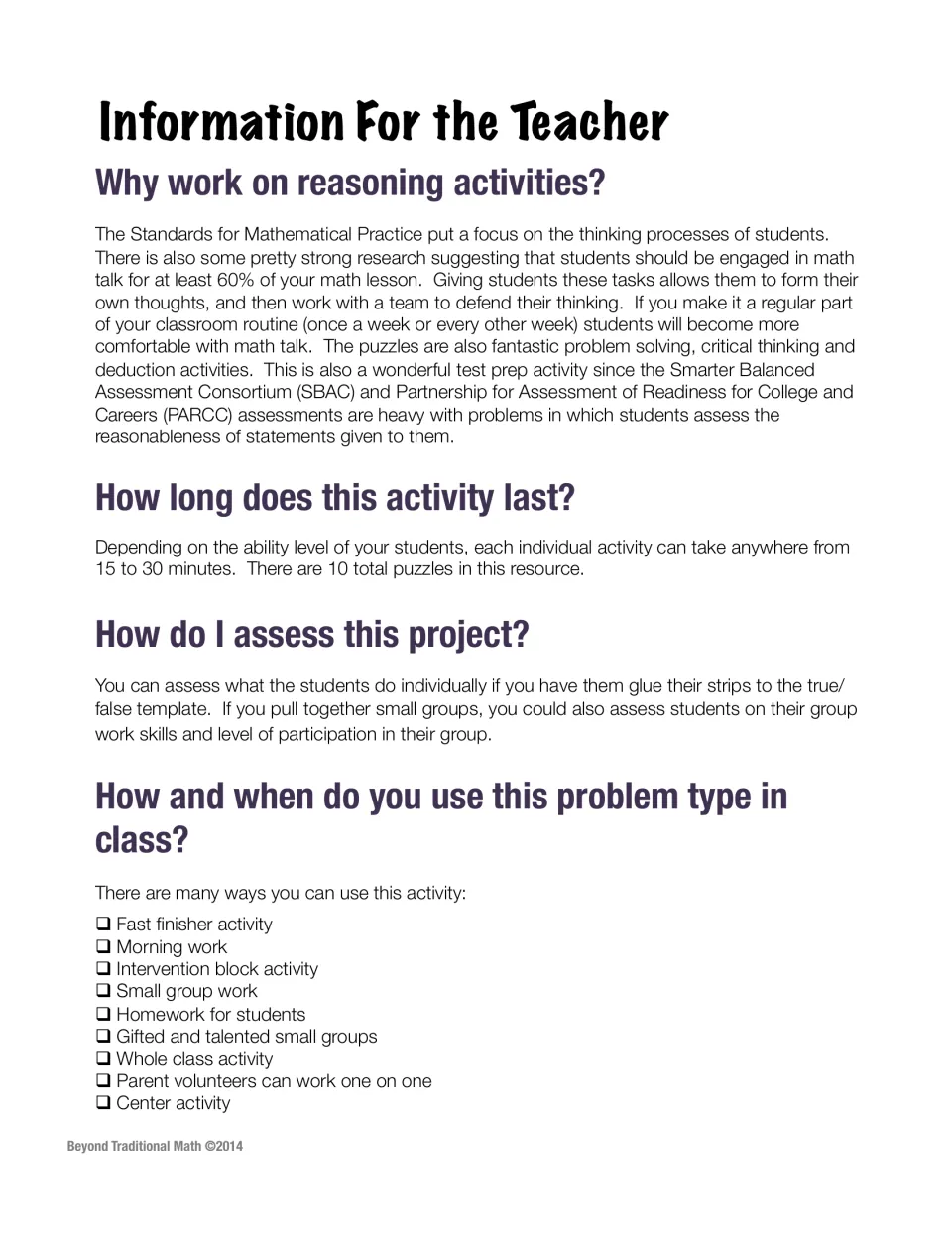 Teacher notes on why to use reasoning activities, 15 to 30 minute timing, 10 puzzles, assessment and ways to use them