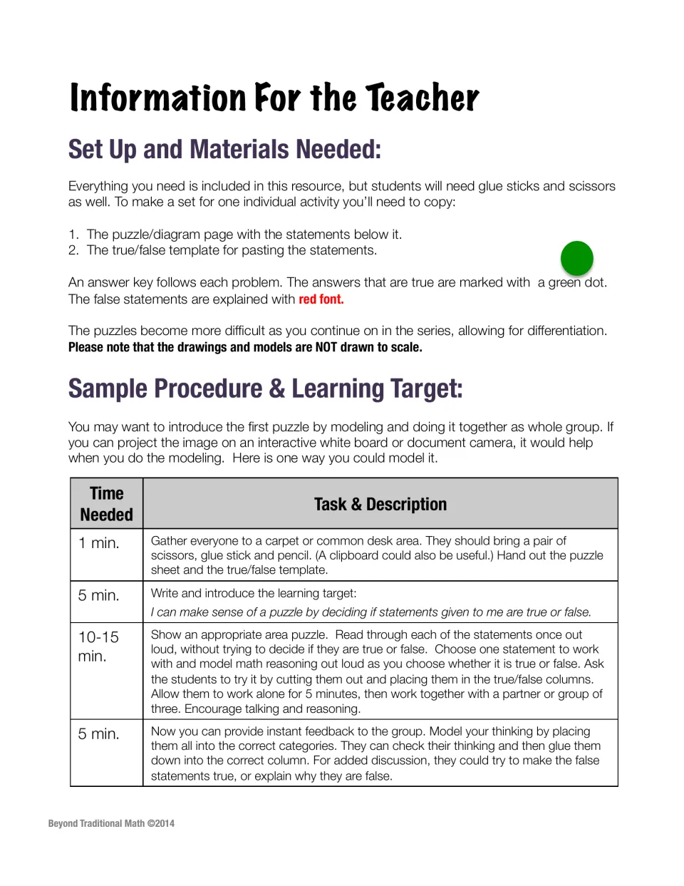 Teacher setup: materials, copying list, answer key color codes and a timed sample procedure with the learning target