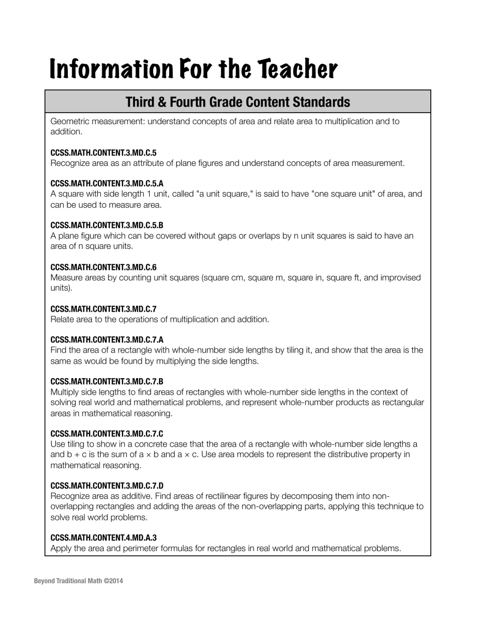 Third & Fourth Grade Content Standards list for area, from 3.MD.C.5 unit squares through 4.MD.A.3 area formulas