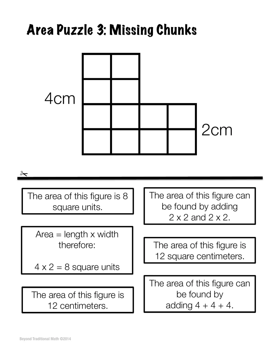 Area Puzzle 3: Missing Chunks. Students sort true/false claims about an L-shaped figure labeled 4cm and 2cm