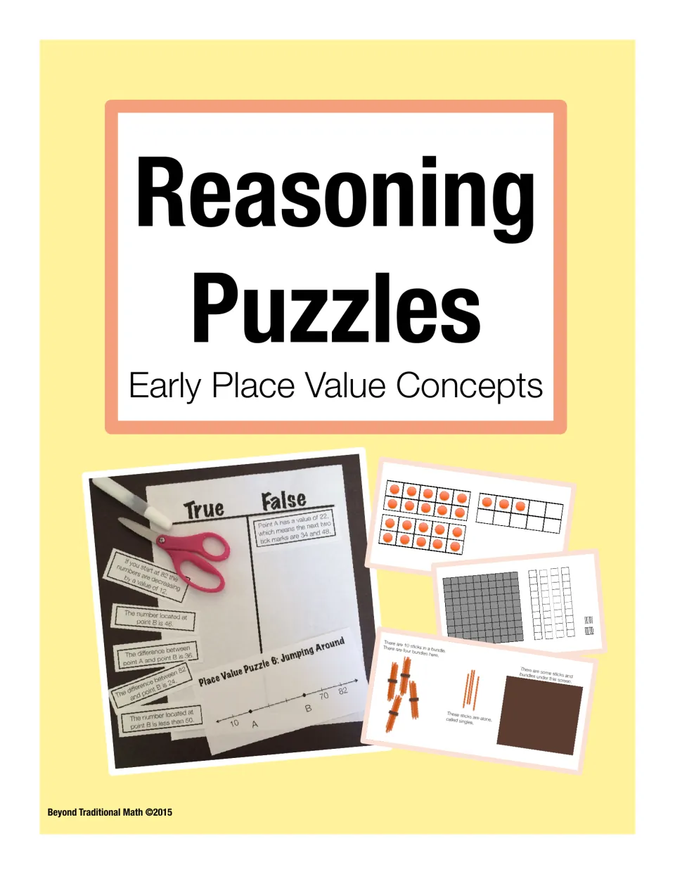 Reasoning Puzzles cover for early place value: true/false strip sorting, ten frames, base-ten blocks and stick bundles