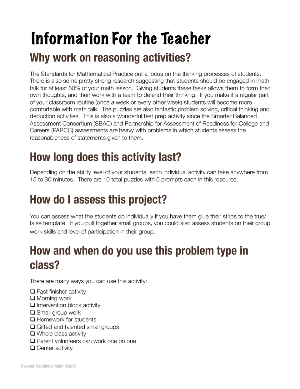 Teacher notes: why use reasoning tasks, timing of 15 to 30 minutes, assessing glued strips and ways to use the puzzles