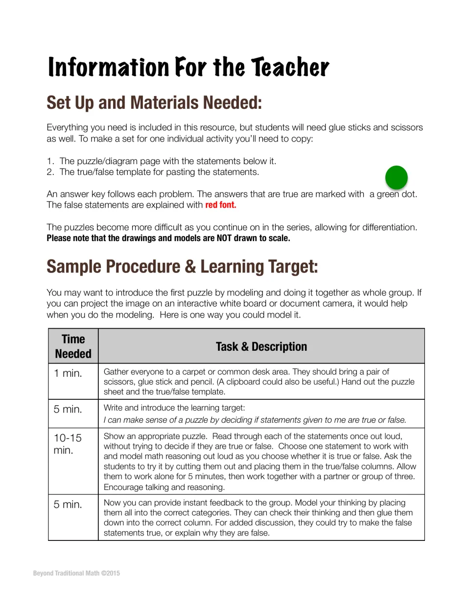 Teacher setup: copy the puzzle and true/false template; timed sample procedure for modeling true or false reasoning aloud
