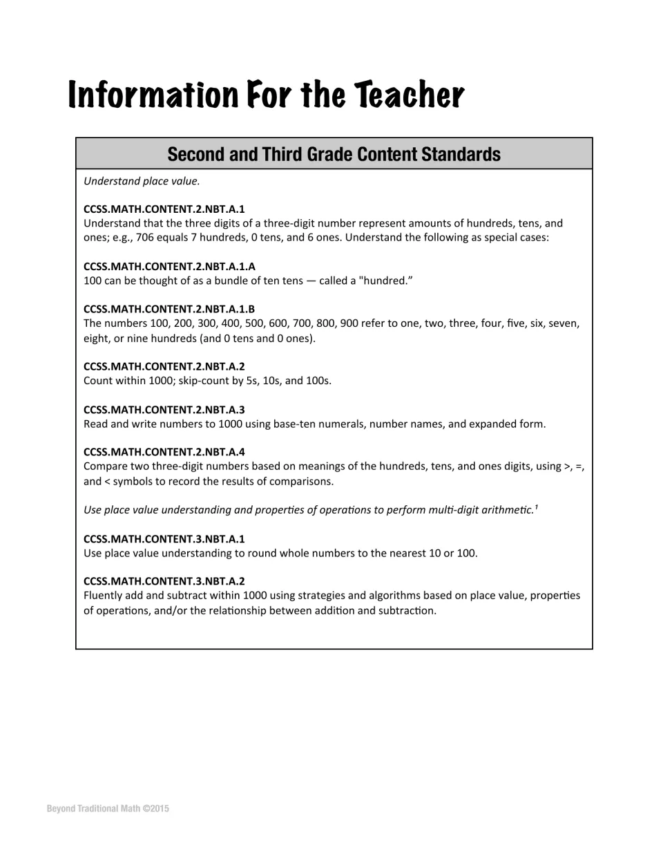 List of second and third grade place value content standards, 2.NBT.A.1 to 2.NBT.A.4 plus 3.NBT.A.1 and 3.NBT.A.2