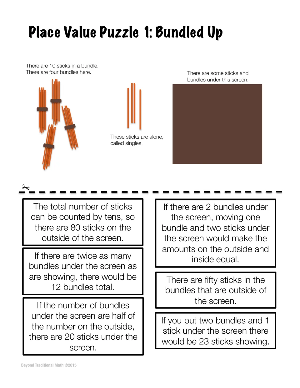 Bundled Up puzzle: 4 bundles of 10 sticks, 4 singles and a hidden screen; students sort 6 statements as true or false