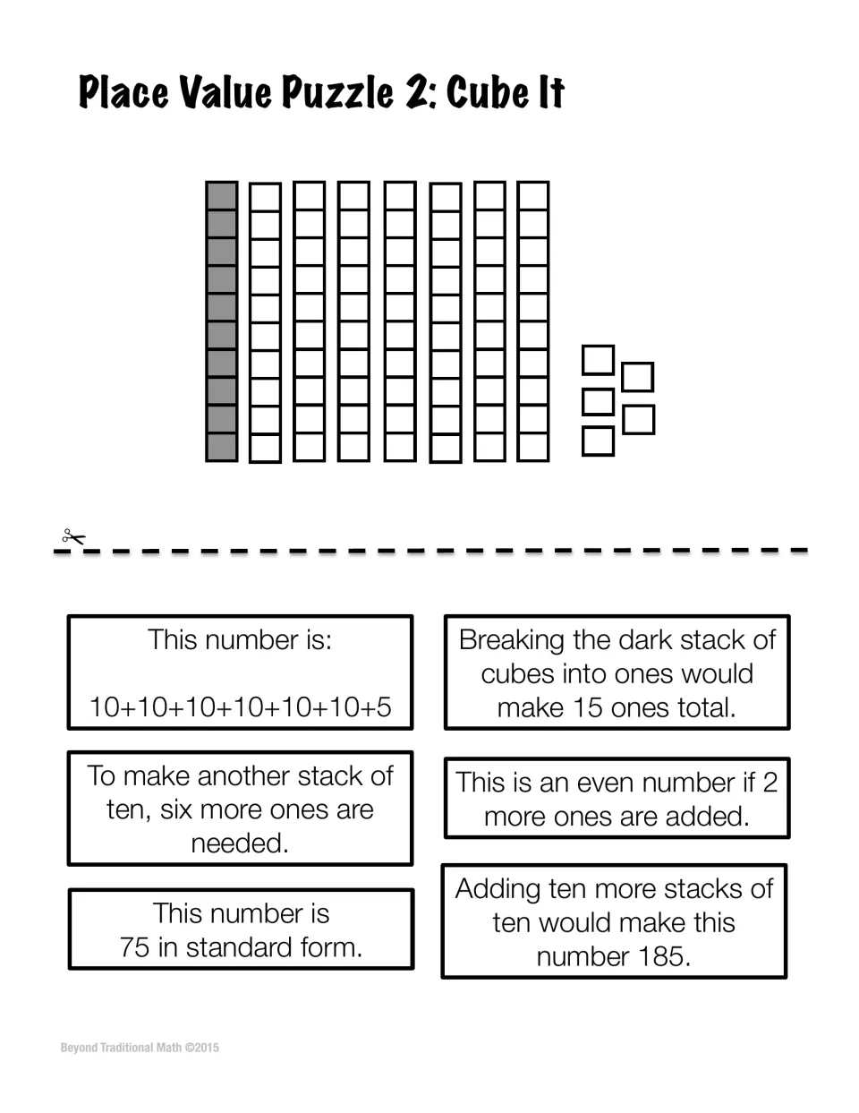 Cube It puzzle: seven stacks of ten cubes, one shaded, and 5 ones; students judge 6 statements about 75 as true or false