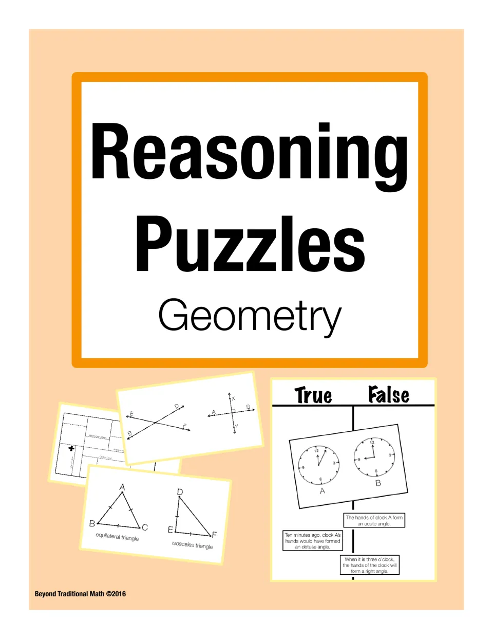 Reasoning Puzzles Geometry cover showing sample cards with lines, triangles and clocks beside a True/False sorting chart