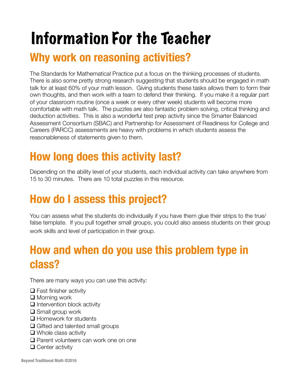 Teacher notes on why to use reasoning activities, 15 to 30 minute timing, assessing glued strips and 9 ways to use them