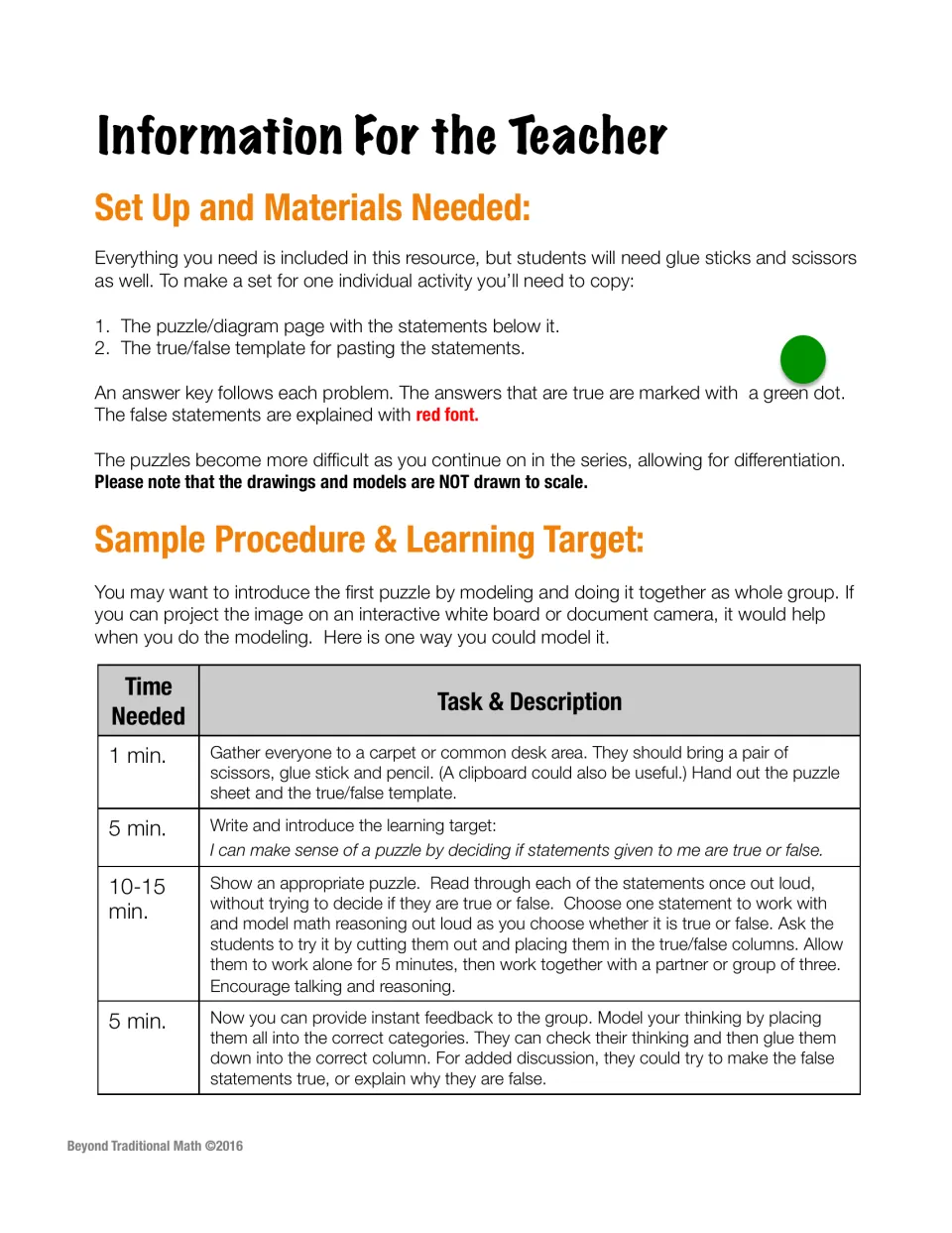 Teacher setup notes: materials to copy, green-dot answer keys, a timed procedure for modeling the first true/false puzzle