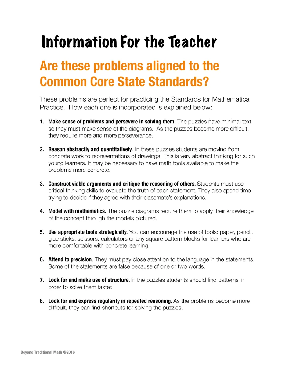 Teacher notes explaining how the puzzles connect to each of the eight Standards for Mathematical Practice